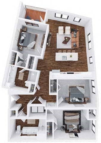 Floor plan for 3 beds, 2 baths, 1291 sqft